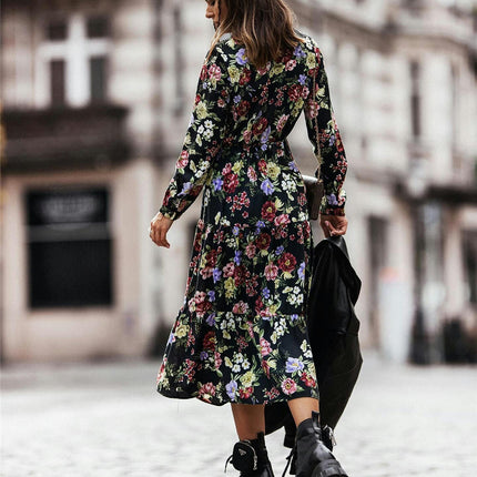 Women's Floral Dresses Long Sleeve V Neck Ruffle Flowy Maxi Dresses