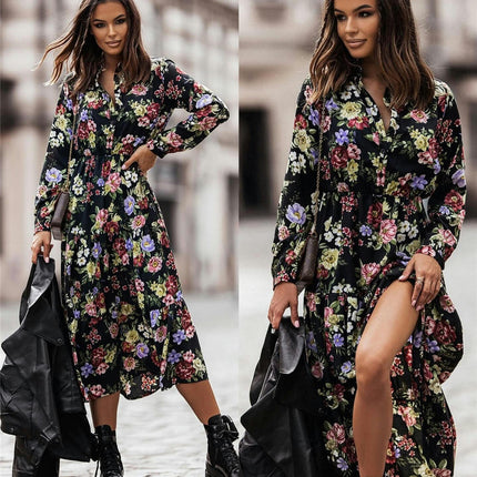 Women's Floral Dresses Long Sleeve V Neck Ruffle Flowy Maxi Dresses