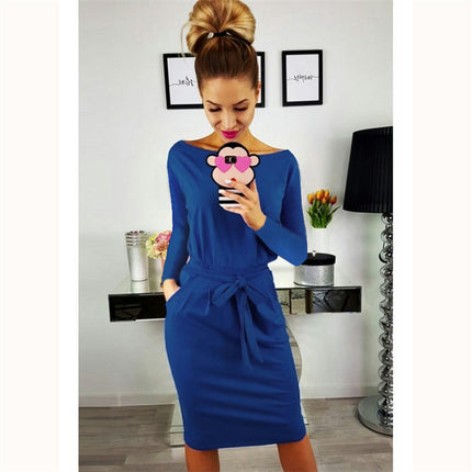 Women's Casual Bodycon Dress Long Sleeve Crew Neck Tie Waist Elegant Midi Dresses