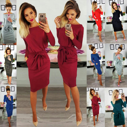 Women's Casual Bodycon Dress Long Sleeve Crew Neck Tie Waist Elegant Midi Dresses