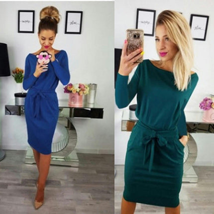 Women's Casual Bodycon Dress Long Sleeve Crew Neck Tie Waist Elegant Midi Dresses