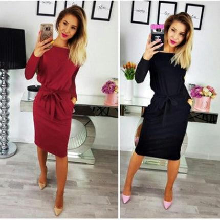 Women's Casual Bodycon Dress Long Sleeve Crew Neck Tie Waist Elegant Midi Dresses