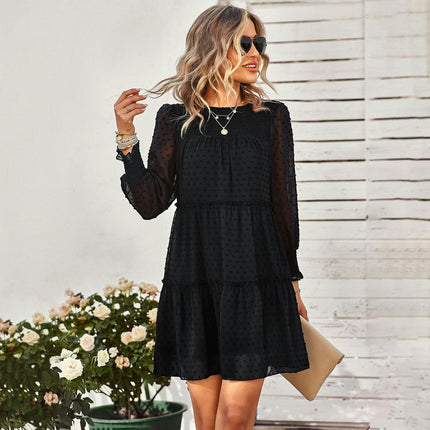 Women's Long Sleeve Dresses Smocked Crew Neck Ruffle Tiered Babydoll Mini Dress