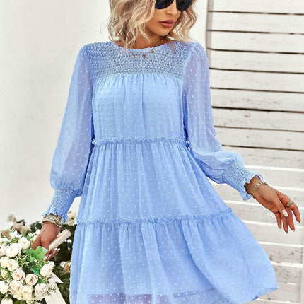 Women's Long Sleeve Dresses Smocked Crew Neck Ruffle Tiered Babydoll Mini Dress