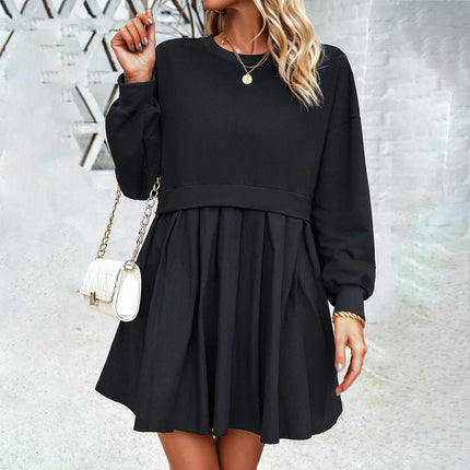 Women's Long Sleeve Mini Dress Fall Crewneck Casual Patchwork Swing Dresses