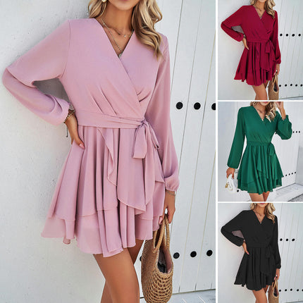 Women's Wrap Mini Dress Casual Boho V Neck Long Sleeve Layered Ruffle Beach Dresses