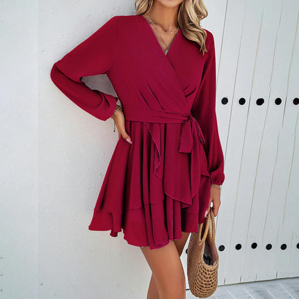 Women's Wrap Mini Dress Casual Boho V Neck Long Sleeve Layered Ruffle Beach Dresses