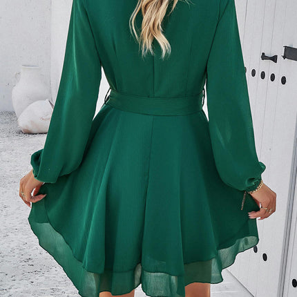 Women's Wrap Mini Dress Casual Boho V Neck Long Sleeve Layered Ruffle Beach Dresses