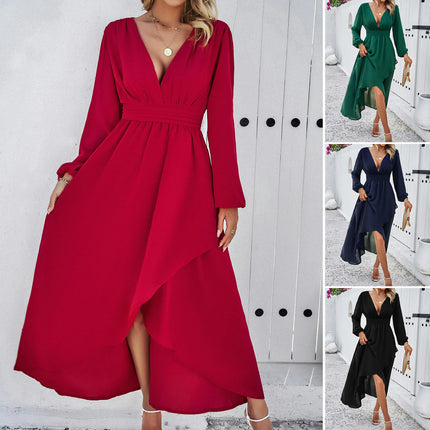 Women V Neck High Low Ruffle Flowy Boho Long Sleeve Party Midi Dress