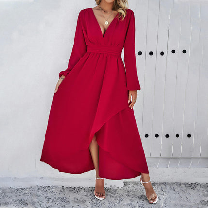 Women V Neck High Low Ruffle Flowy Boho Long Sleeve Party Midi Dress