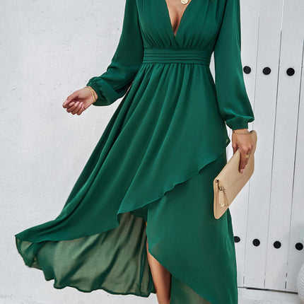 Women V Neck High Low Ruffle Flowy Boho Long Sleeve Party Midi Dress