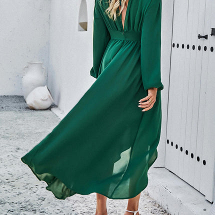 Women V Neck High Low Ruffle Flowy Boho Long Sleeve Party Midi Dress