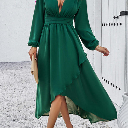 Women V Neck High Low Ruffle Flowy Boho Long Sleeve Party Midi Dress