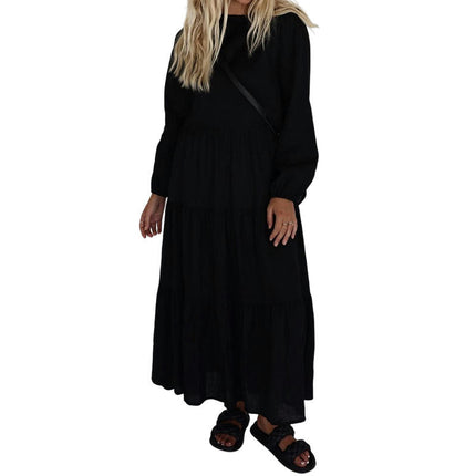 Women's Crew Neck Casual Maxi Dresses Long Sleeve Flowy Ruffle Boho Long Dresses