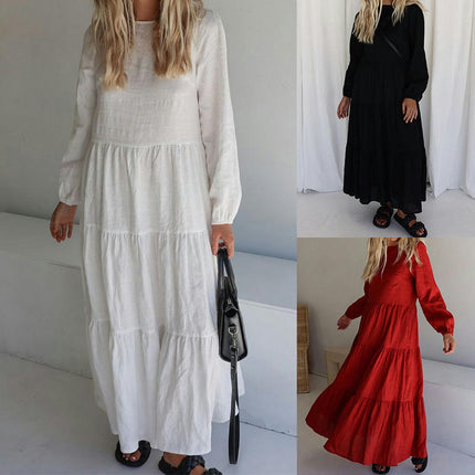 Women's Crew Neck Casual Maxi Dresses Long Sleeve Flowy Ruffle Boho Long Dresses