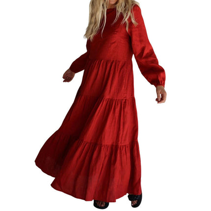 Women's Crew Neck Casual Maxi Dresses Long Sleeve Flowy Ruffle Boho Long Dresses