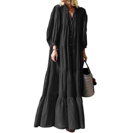 Women Long Sleeve V Neck Button Down Ruffle Tiered Loose Maxi Dress