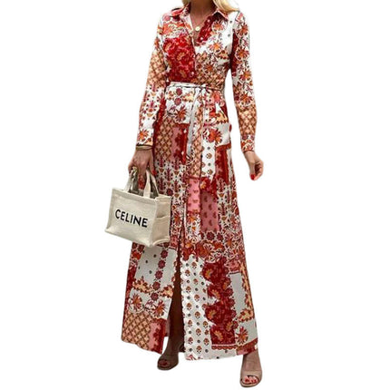 Women Long Sleeve Shirt Dress V Neck Button Down Tie Waist A Line Flowy Maxi Dresses