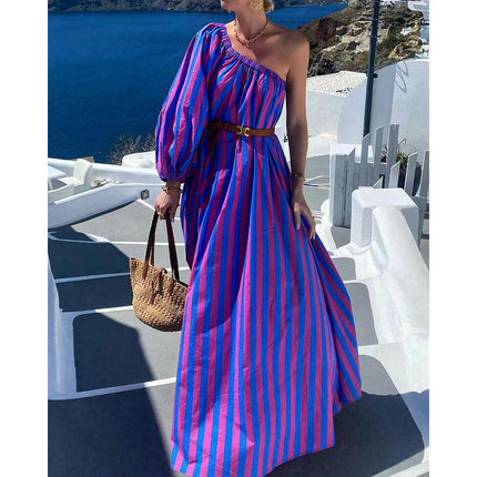 Women's Boho Long Sleeve One Shoulder Flowy A Line Maxi Dress with Belt