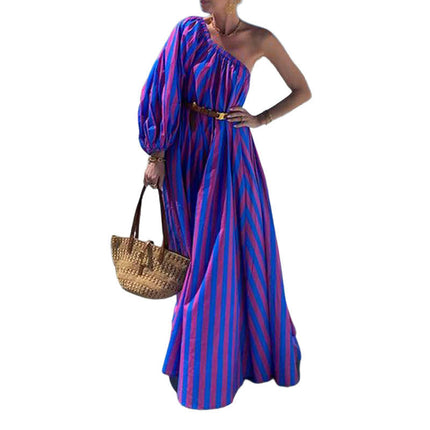 Women's Boho Long Sleeve One Shoulder Flowy A Line Maxi Dress with Belt