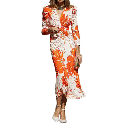 Women's Fall Boho Midi Dress Casual Long Sleeve V Neck Twist Front Printed Beach Bodycon Dresses