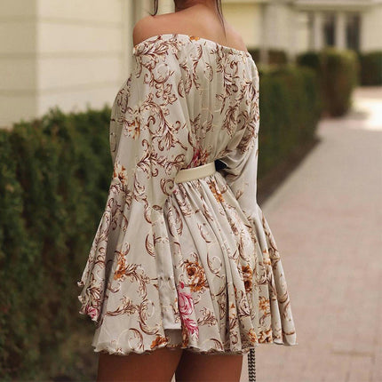 Women's Dress Summer Floral Long Sleeve Off Shoulder Casual Mini Dresses