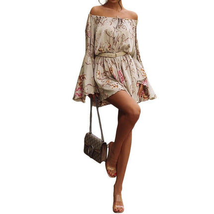 Women's Dress Summer Floral Long Sleeve Off Shoulder Casual Mini Dresses