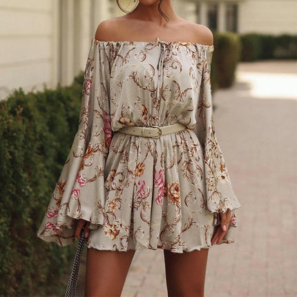 Women's Dress Summer Floral Long Sleeve Off Shoulder Casual Mini Dresses