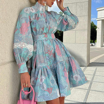 Women's Long Sleeve Boho Floral Mock Neck Tiered Ruffle Tie Waist Casual Swing Mini Dress