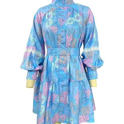 Women's Long Sleeve Boho Floral Mock Neck Tiered Ruffle Tie Waist Casual Swing Mini Dress