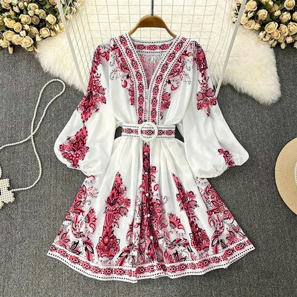 Womens Boho Floral Long Sleeve Dresses V Neck Tie Waist Ruffle Flowy Midi Dress