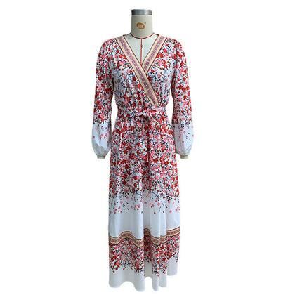 Womens Boho Floral Dresses Long Sleeve V Neck Tie Waist Ruffle Flowy Midi Dress