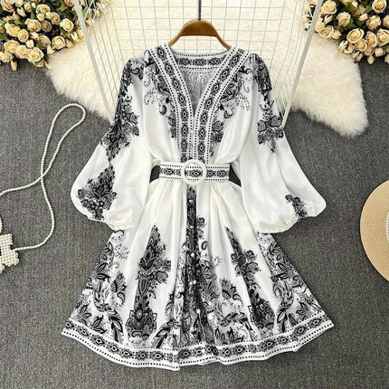 Womens Boho Floral Long Sleeve Dresses V Neck Tie Waist Ruffle Flowy Midi Dress