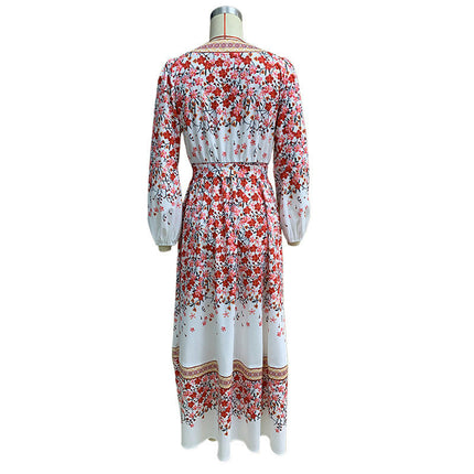 Womens Boho Floral Dresses Long Sleeve V Neck Tie Waist Ruffle Flowy Midi Dress