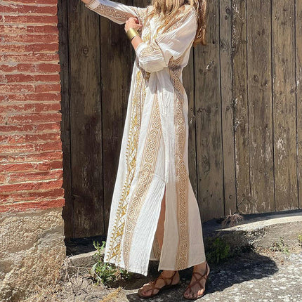 Women's Casual Button Down Maxi Dresses Long Sleeve Printed Split Boho Shirt Dress