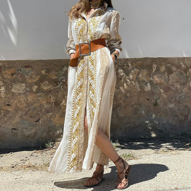 Women's Casual Button Down Maxi Dresses Long Sleeve Printed Split Boho Shirt Dress