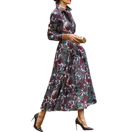 Women Long Sleeve Elegant Maxi Dress Button Down Shirt Long Dress with Belt