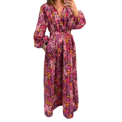 Women Long Sleeve Elegant Maxi Dress V Neck Tie Waist Floral Long Dress