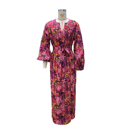 Women Long Sleeve Elegant Maxi Dress V Neck Tie Waist Floral Long Dress