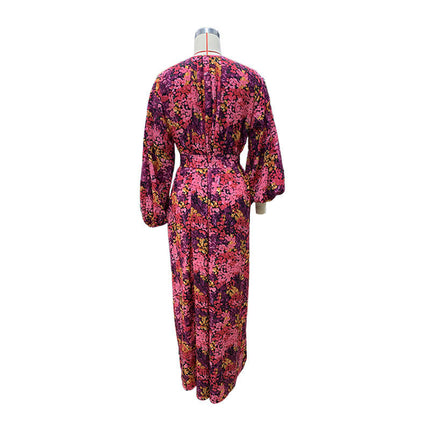 Women Long Sleeve Elegant Maxi Dress V Neck Tie Waist Floral Long Dress