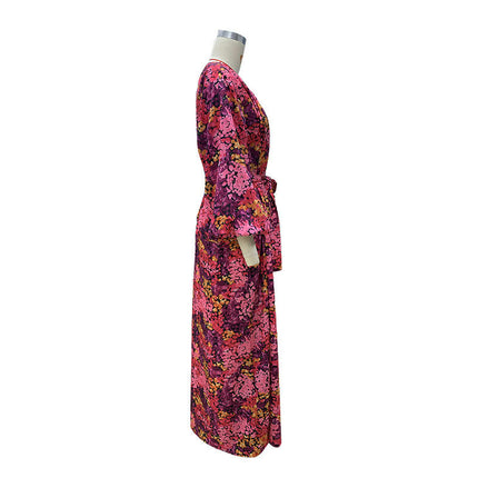 Women Long Sleeve Elegant Maxi Dress V Neck Tie Waist Floral Long Dress