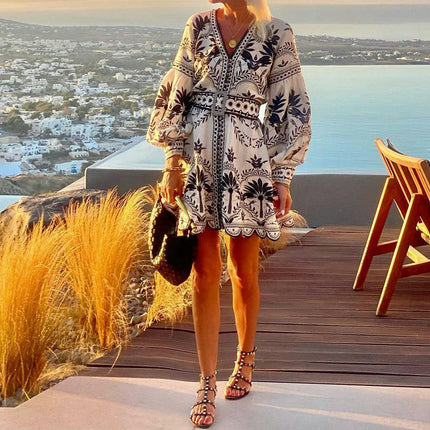 Women's Boho Print V Neck Puff Long Sleeve Ruffled Flowy Casual Mini Dresses with Belt