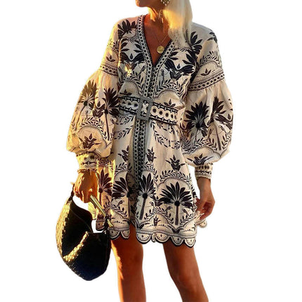 Women's Boho Print V Neck Puff Long Sleeve Ruffled Flowy Casual Mini Dresses with Belt