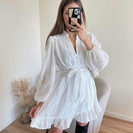 Womens Floral Embroidery Long Sleeve V Neck Tie Waist Ruffled Mini Dress