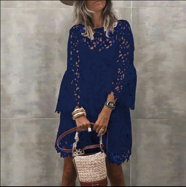 Womens Casual Dress Crew Neck Long Sleeve Hollow Out Floral Lace Loose Mini Dresses