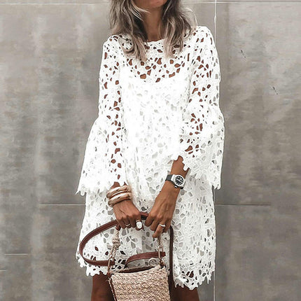 Womens Casual Dress Crew Neck Long Sleeve Hollow Out Floral Lace Loose Mini Dresses