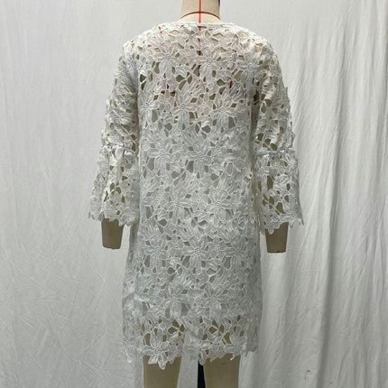 Womens Casual Dress Crew Neck Long Sleeve Hollow Out Floral Lace Loose Mini Dresses