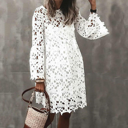 Womens Casual Dress Crew Neck Long Sleeve Hollow Out Floral Lace Loose Mini Dresses