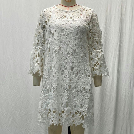 Womens Casual Dress Crew Neck Long Sleeve Hollow Out Floral Lace Loose Mini Dresses