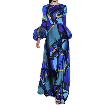 Women's Long Sleeve Crew Neck Maxi Dresses A Line Flowy Print Long Dress